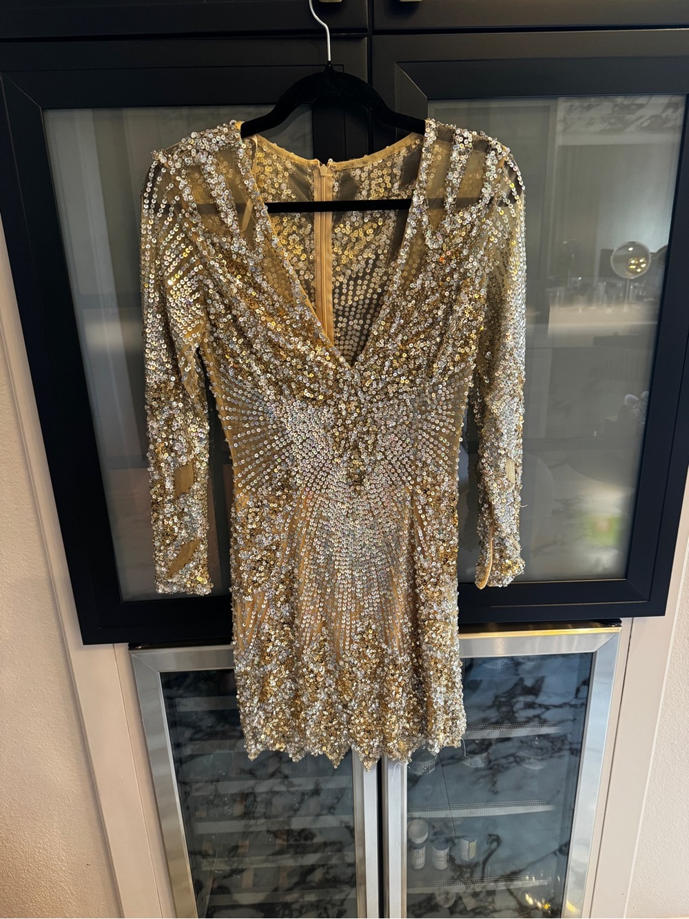 Jovani Gold and Silver Sequin V‑Neck Mini Dress